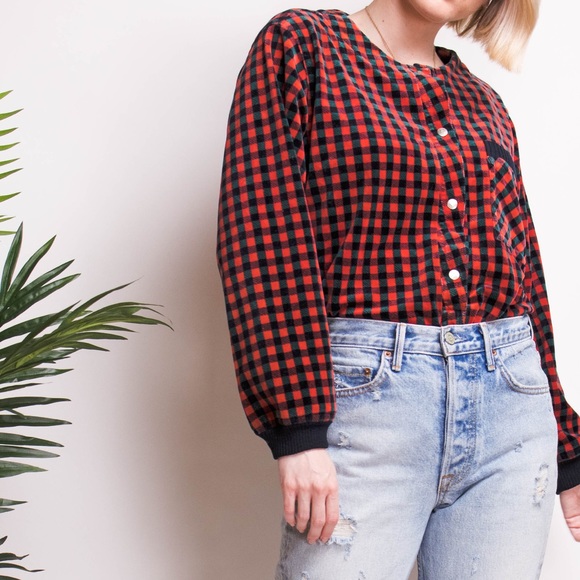 SALE Vintage checkered plaid velvet boxy top - Picture 2 of 8